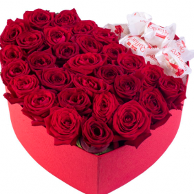 Kemer Florist Rose & Raffaello in a Red Heart Box