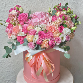  Kemer Flower Spray rose and lisianthus arrangement in pastel tones in a box