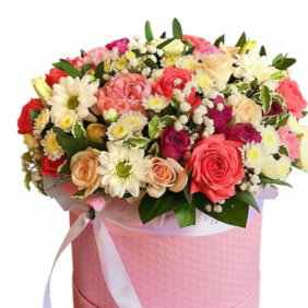  Kemer Blumenbestellung Bunte Rosen und Chrysanthemen in rosa Box